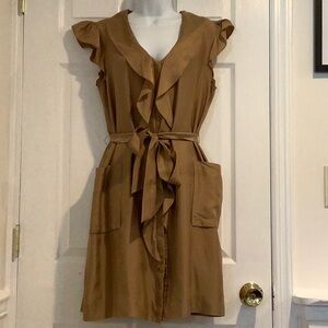 BANANA REPUBLIC Women’s 100%Silk Brown Belted Ruffle Button Down Midi Dress 10P